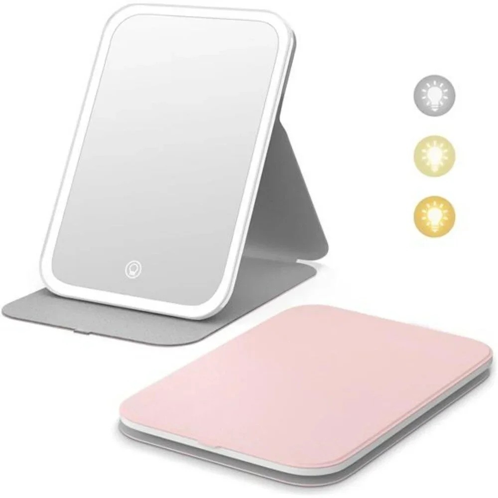 LED Lighted Travel Makeup Mirror Rechargeable Dimmable Portable Vanity Pink